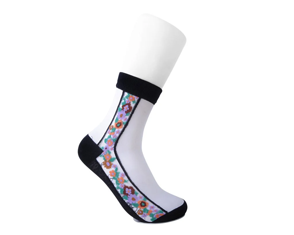 Black Stripe Floral Sheer Sock - Image 3